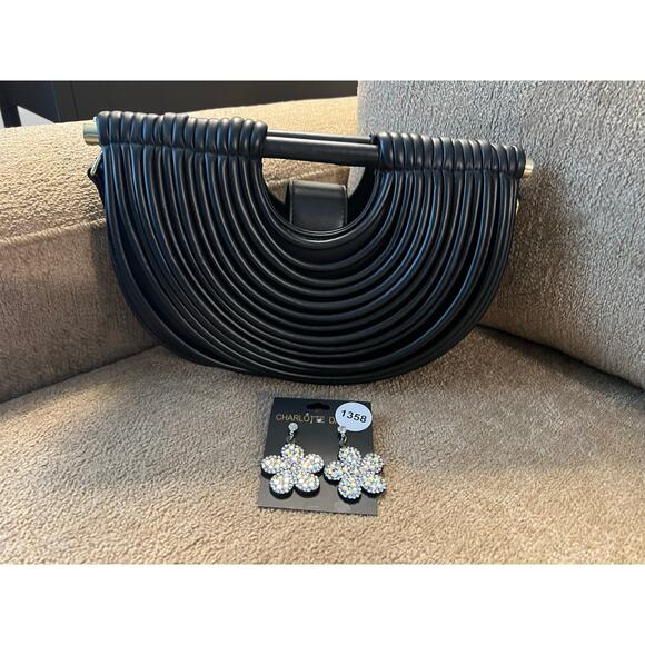 Bundle Black Semi Moon Handbag with Rhinestone Earrings NWT - Picture 2 of 2